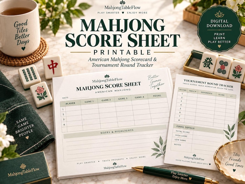 Mahjong Score Sheet Printable live Etsy listing image